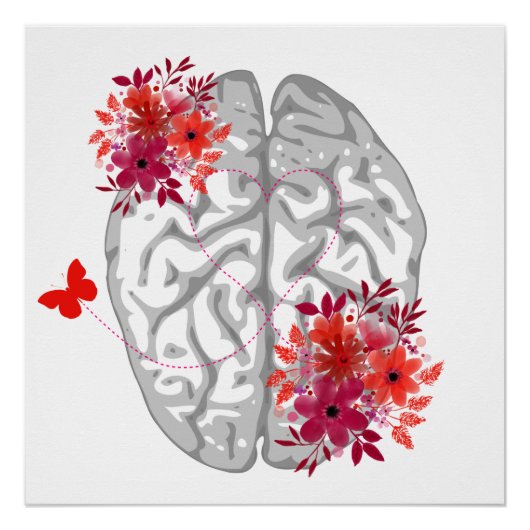 Menselijke hersenanatomie met rode bloemen perfect poster (Voorkant)