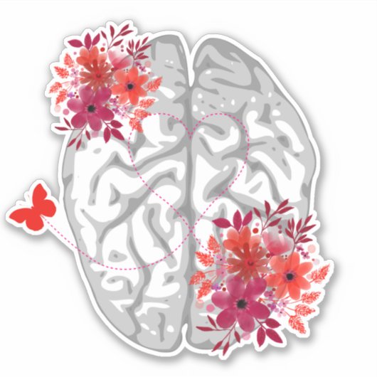 Menselijke hersenanatomie met rode bloemen sticker (Voorkant)