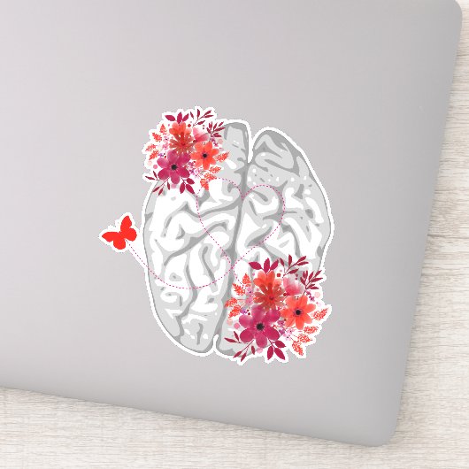 Menselijke hersenanatomie met rode bloemen sticker (Detail)