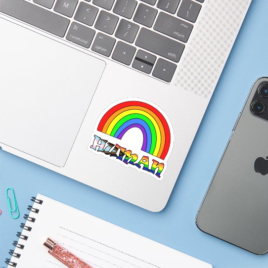 Menselijke LGBTQ+ trots of steun regenboog Sticker (Laptop met iPhone)