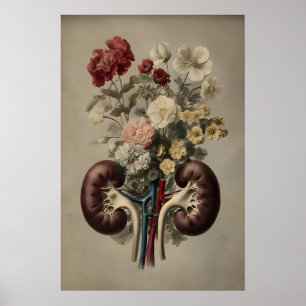 Menselijke nier met bloemenprint, anatomie boho poster