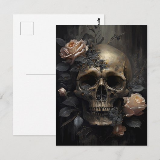 Menselijke schedel en Rozen Donkere gothiek Briefkaart (Voorkant / Achterkant)
