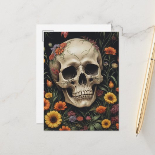 Menselijke schedel in bloemen briefkaart (Voorkant / Achterkant in situ)