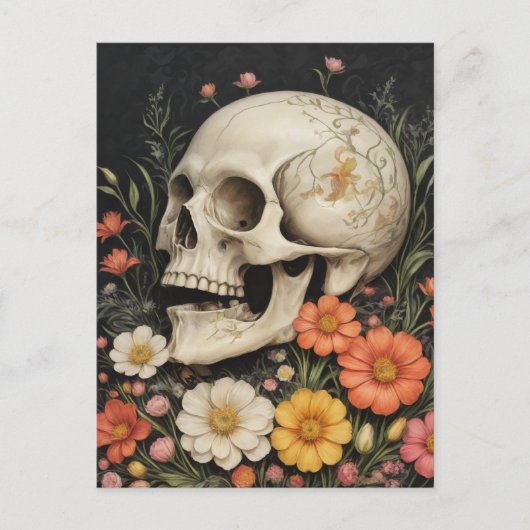 Menselijke schedel in bloemen briefkaart (Voorkant)