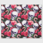 Menselijke schedel met flamingo en rode rozenbloem cadeaupapier (Vlak)