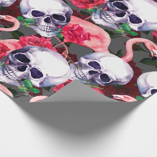 Menselijke schedel met flamingo en rode rozenbloem cadeaupapier (Hoek)