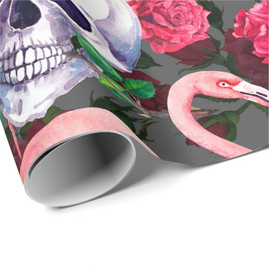 Menselijke schedel met flamingo en rode rozenbloem cadeaupapier (Rol Hoek)