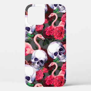 Menselijke schedel met flamingo en rode rozenbloem Case-Mate iPhone case