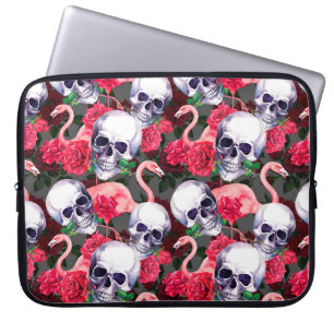 Menselijke schedel met flamingo en rode rozenbloem laptop sleeve