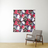 Menselijke schedel met flamingo en rode rozenbloem wandkleed (In Situ (horizontaal))