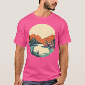 Mensen die bij de rivier in de bergen zitten, zijn t-shirt