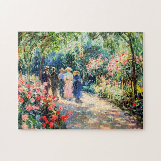 Mensen die door rozentuin lopen legpuzzel (Horizontaal)