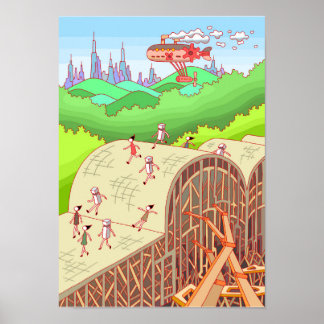Mensen die een houten brug oversteken. poster