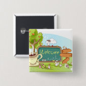 Mensen die met een informatiesymbool met theebeker vierkante button 5,1 cm (Voorkant /achterkant)