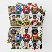 Mensen dragen grappige kerst truien inpakpapier vel (In situ)