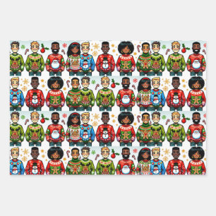 Mensen dragen grappige kerst truien inpakpapier vel