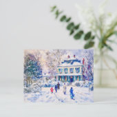 Mensen en kinderen in besneeuwde tuin winterscène feestdagenkaart (Staand voorkant)