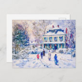 Mensen en kinderen in besneeuwde tuin winterscène feestdagenkaart (Voorkant / Achterkant)