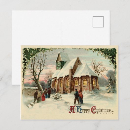 Mensen gaan met kerst naar de dorpskerk briefkaart (Voorkant / Achterkant)