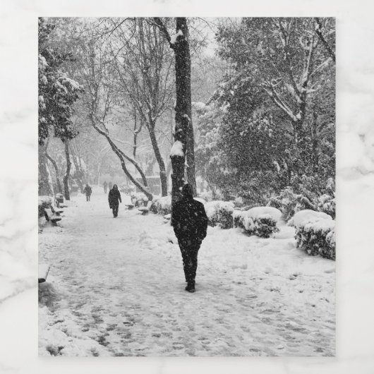 Mensen in het park op sneeuwwinterdag wijn etiket (Enkel label)