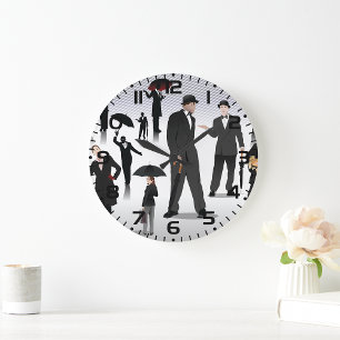 Mensen met paraplu's grote klok