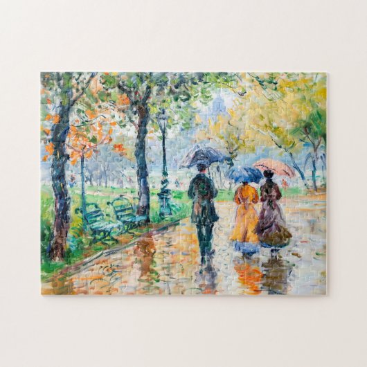 Mensen met paraplu's in het park legpuzzel (Horizontaal)