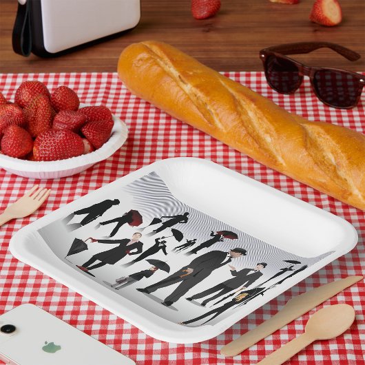 Mensen met paraplu's papieren bordje