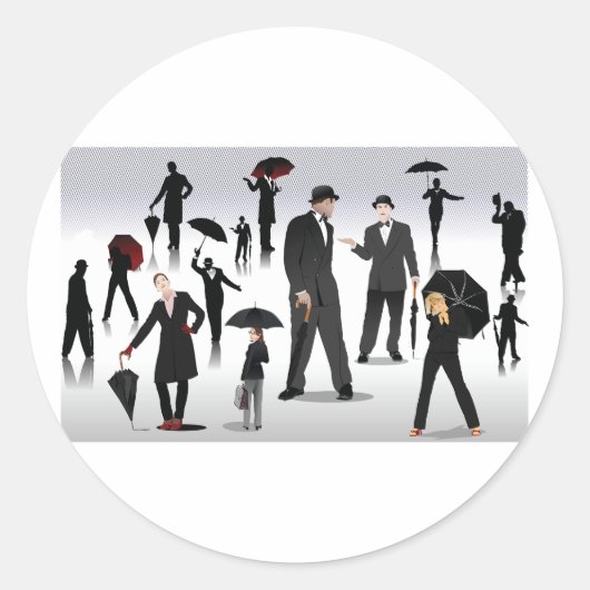 Mensen met paraplu's ronde sticker (Voorkant)