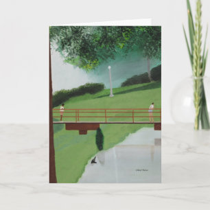 Mensen op een natuur promenade, vijver, wenskaarte kaart