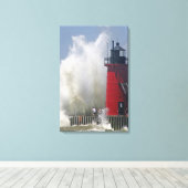 Mensen op een steiger kijken naar grote golven in canvas afdruk (Insitu (Houten vloer))