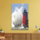 Mensen op steiger kijken naar grote brekende golve canvas afdruk (Insitu (Woonkamer))