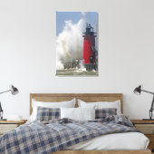 Mensen op steiger kijken naar grote brekende golve canvas afdruk (Insitu (Slaapkamer))