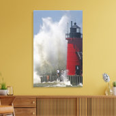 Mensen op steiger kijken naar grote brekende golve canvas afdruk (Insitu (Woonkamer))