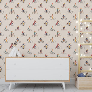 Mensen rijden fiets fietsen kleurrijk retro patroo behang
