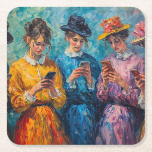Mensen uit de 19e eeuw die smartphones gebruiken kartonnen onderzetters