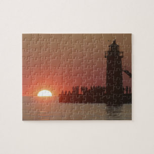 Mensen vuurtoren zonsondergang silhouet bij Zuid Legpuzzel