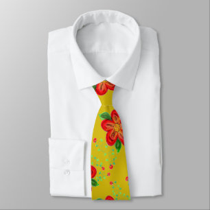 Menswear rood bloemig Stropdas met gouden mosterd