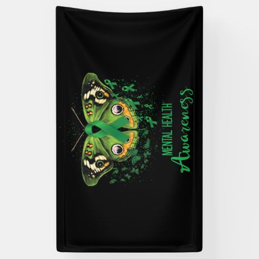 Mental Health Awareness Butterfly Green Ribbon Spandoek (Verticaal)