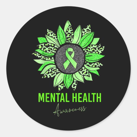 Mental Health Awareness Leopard Sunflower Green Ri Ronde Sticker (Voorkant)