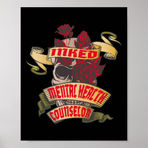 Mental Health Counselor Inked Skull en Red Roses Poster