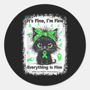 Mental Health Warrior bewustzijn Zwarte Kat Hersen Ronde Sticker