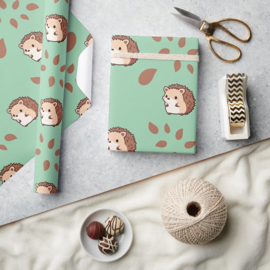 Menthol Green Seamless Hedgehogs Wrapping Paper Cadeaupapier (Crafts)