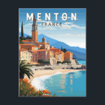 Menton Frankrijk Reizen Kunst Vintage Briefkaart<br><div class="desc">Menton retro vector reisontwerp. Menton is een plaats aan de Franse Rivièra in het zuidoosten van Frankrijk. Het is bekend om stranden en tuinen zoals de Serre de la Madone tuin.</div>