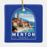Menton Frankrijk Reizen Kunst Vintage Keramisch Ornament<br><div class="desc">Menton retro vector reisontwerp. Menton is een plaats aan de Franse Rivièra in het zuidoosten van Frankrijk. Het is bekend om stranden en tuinen zoals de Serre de la Madone tuin.</div>