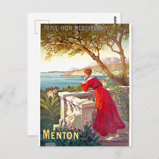 Menton, Frans rivierlandschap, vrouw op terras Briefkaart (Voorkant / Achterkant)