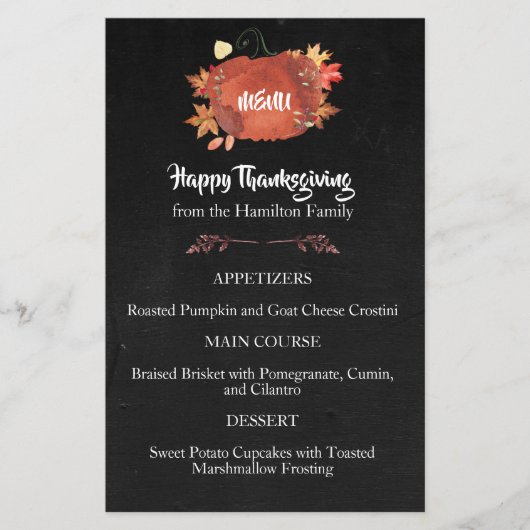 Menu Aangepaste Waterverf pompoen Thanksgiving (Voorkant)