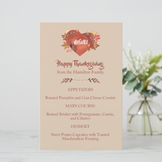 Menu Aangepaste Waterverf Thanksgiving hart (Staand voorkant)