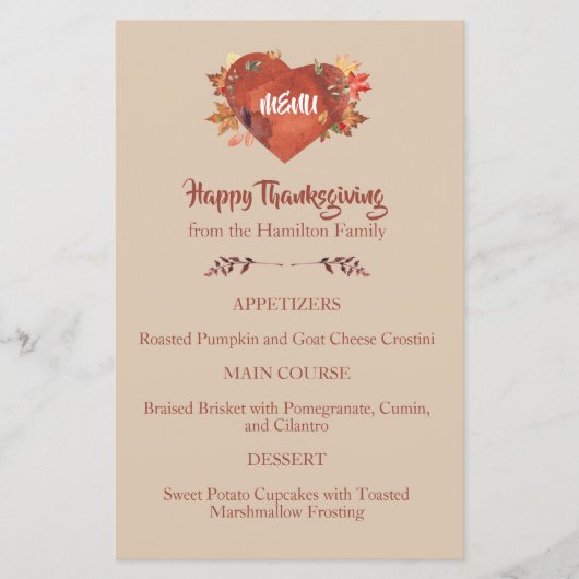 Menu Aangepaste Waterverf Thanksgiving hart (Voorkant)