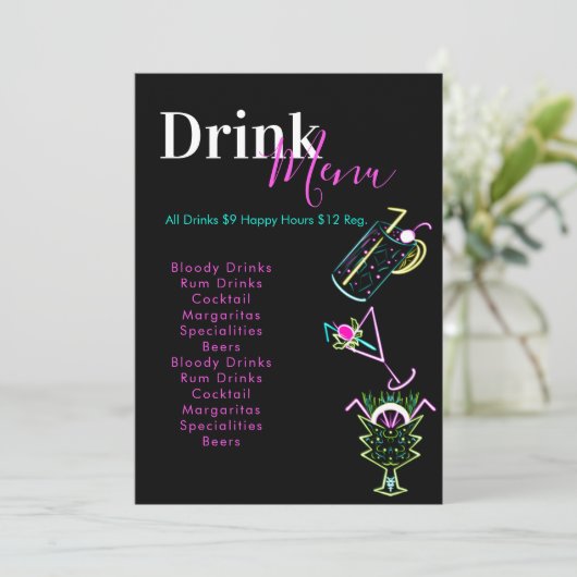 Menu Abstracte Drinken Neon Bar Club Restaurant (Staand voorkant)