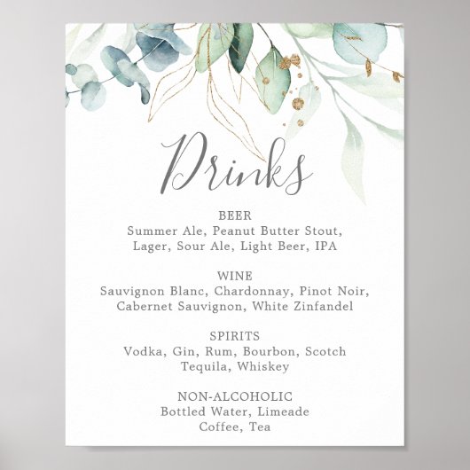 Menu Airy Greenery & Gold Leaf Wedding Drinken Poster (Voorkant)